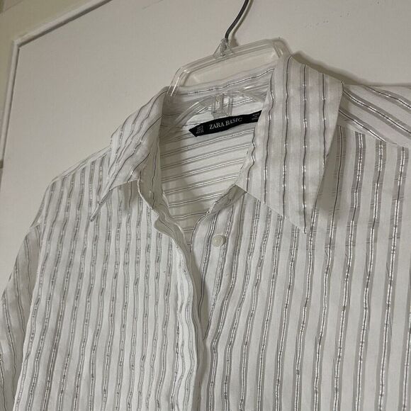 ZARA white shimmer stripe button down lightweight blouse shirt size small - Picture 2 of 6